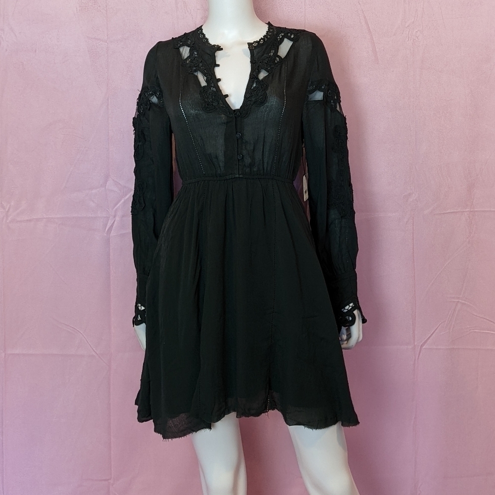 Free People Black Lace Button Bodice Long Sleeve Mini Dress size XS